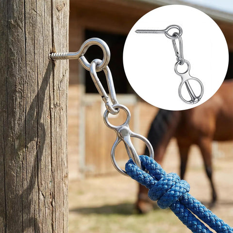 Two Pack Magnetic Horse Tie Ring Set With Stainless Steel Rings, Eye Bolt, And Quick Snap in use on wooden post