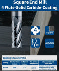 Heavy Duty Solid Carbide Square End Mill Four Flute 3 16 Shank With Super Slick Nano Coating suitable for steel and stainless use.