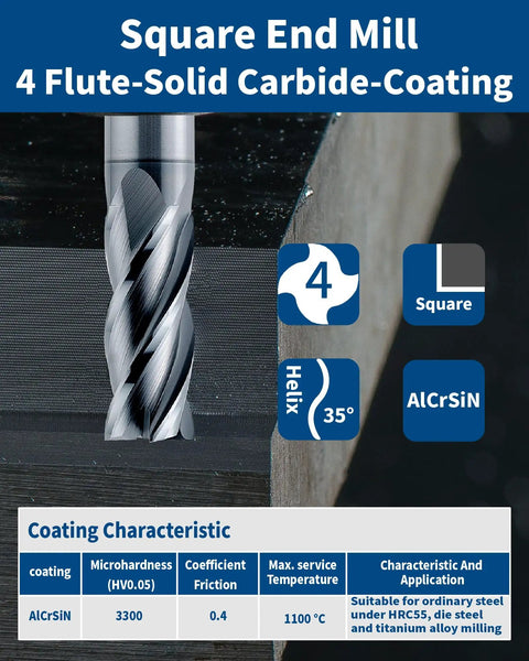 Heavy Duty Solid Carbide Square End Mill Four Flute 3 16 Shank With Super Slick Nano Coating suitable for steel and stainless use.