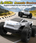 All Terrain RC Car Monster Truck With LED Lights 1:18 Scale on racetrack showing 2.4GHz Remote Control Off Road Toy features.