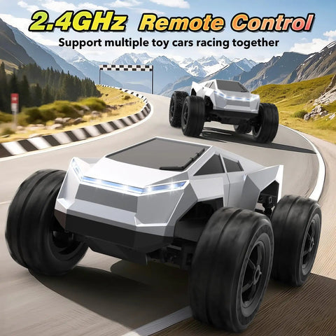 All Terrain RC Car Monster Truck With LED Lights 1:18 Scale on racetrack showing 2.4GHz Remote Control Off Road Toy features.