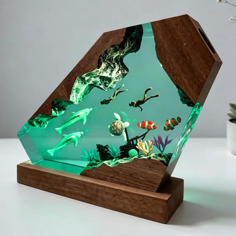 Dope Ocean Dolphin Resin Lamp Night Light With USB Port Epoxy Scuba Diver Scene Featuring Dolphins Turtles And Coral Marine Life