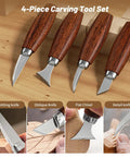 Close-up of 4 carving tools from the All-In-One Wood Carving Kit For Beginners with distinct blades on a wooden table.