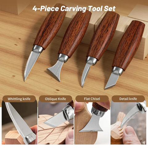 Close-up of 4 carving tools from the All-In-One Wood Carving Kit For Beginners with distinct blades on a wooden table.