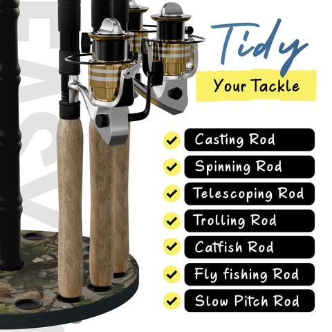 16 Rod Round Fishing Rod Holder For Garage With 360 Degree Access Keeps Up To 16 Rods Reels And Gear In Camouflage Finish