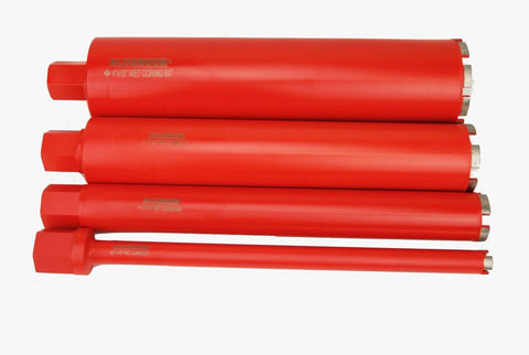 Four red BLUEROCK diamond wet-core drill bits, 1–4 in dia with 1-1/4 in threaded shanks for concrete/masonry side view