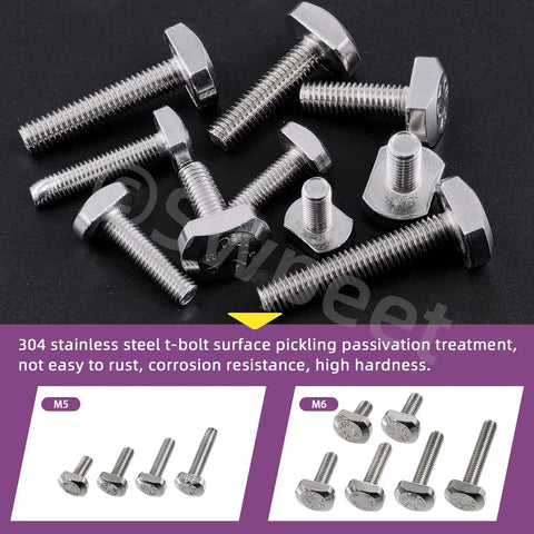 304 stainless steel T-slot bolts in various M5 M6 sizes, for 50Pcs T Slot Bolt Kit With 10 Sizes M5 M6 In Stainless Steel Hammer Head Bolts T Bolts Track Bolts And T Track Studs For Universal T Track Drop In Bolt Assortment For CNC Machining Aluminum Framing And Woodworking