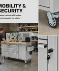 Heavy Duty Rolling Tool Chest With Ball Bearing Slides And Rock Solid Steel Workbench Storage Rack shown with 4 swivel casters and key lock system.