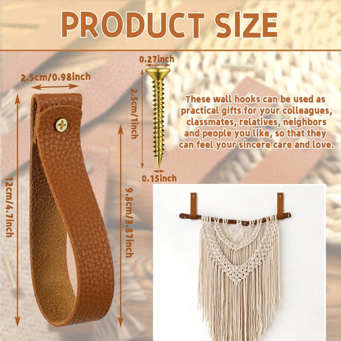 8 Piece Hella Durable Premium Leather Wall Hooks With Solid Brass Screws For Heavy Duty Curtain Hanging And Super Slick Bathroom Storage Essentials size and screw details on a stylish backdrop.