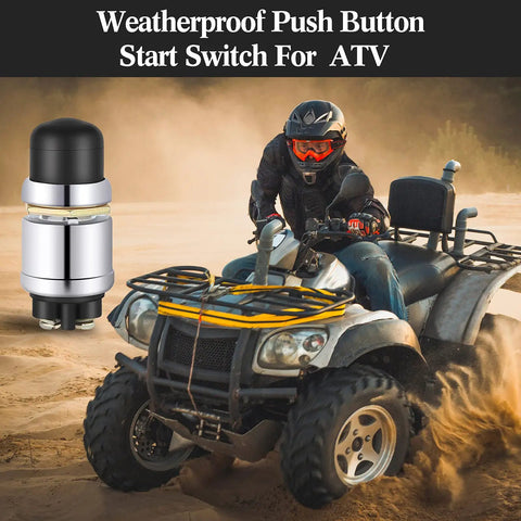 Push To Start Engine Button Momentary 12V 24V Waterproof Switch shown with ATV and rider in sandy terrain.