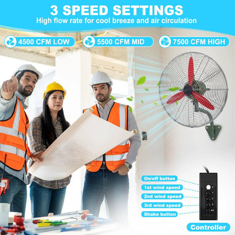 Tough As Nails 22 Inch Wall Mount Fan Oscillating Speckled Green Industrial Finish 7500 CFM Three Speed Metal Design in action with users.