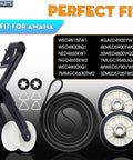 All In One Dryer Repair Kit With Drum Rollers Idler Pulley And Belt For Whirlpool Amana Maytag KitchenAid Dryers Your Go To Replacement For WED4815EW1 NGD4655EW2 parts displayed.