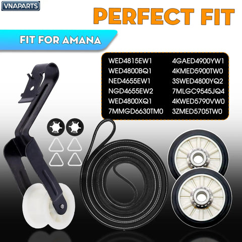 All In One Dryer Repair Kit With Drum Rollers Idler Pulley And Belt For Whirlpool Amana Maytag KitchenAid Dryers Your Go To Replacement For WED4815EW1 NGD4655EW2 parts displayed.