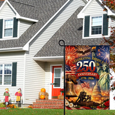 Patriotic Garden Flag Celebrating 250th Anniversary USA 1776 2026 12.5x18 Inches Fade Resistant Polyester Yard Flag For Standard Flagpole Great Fourth Of July Decor And American Birthday Celebration Supplies displayed in a front yard.