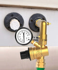 Heavy Duty Lead Free Brass RV Water Pressure Regulator With Oil Filled Gauge connected to RV water inlet