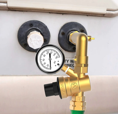 Heavy Duty Lead Free Brass RV Water Pressure Regulator With Oil Filled Gauge connected to RV water inlet