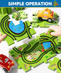 Hands assembling 64 Piece Puzzle Track Car Set For Kids Ages 3 4 5 6 With 3 Cars And 6 Road Signs City Themed Floor Puzzle Tracks Toy