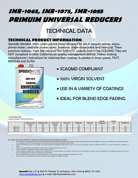 Technical data sheet for Universal Premium Medium 65 To 80 F Urethane Reducer One Gallon Low VOC PW MIR VOC 1.34 SMR 1075.