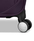 Close-up of 360 spinner wheels on Carry On Soft Side Expandable 21 Inch Element Suitcase With 360 Spinner Wheels Adjustable Handle Two Front And Side Pockets Airport Ready Airline Approved For Most Major Airlines Durable Lightweight Purple.