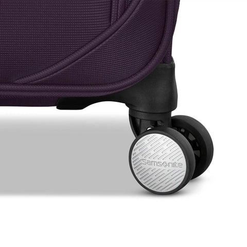 Close-up of 360 spinner wheels on Carry On Soft Side Expandable 21 Inch Element Suitcase With 360 Spinner Wheels Adjustable Handle Two Front And Side Pockets Airport Ready Airline Approved For Most Major Airlines Durable Lightweight Purple.