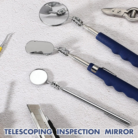 Three Piece Telescoping Inspection Mirror Set With 50mm 25mm And 30mm Heads Round And Oval Mirrors Extendable Handle Handy For Tight Spaces DIY Auto Home Tool Kit Must Have, three mirrors shown