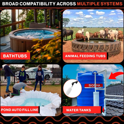 Auto Fill Float Valve Replacement Kit Three Eighths Inch To One Half Inch Adapter For Pool Water Levelers And Tank Fill Systems A 2 In 1 Solution For Pools Ponds And Water Tanks Compatible With Most Float Valves In Water Tanks And Pools Durable, shown for bathtubs, animal feeding tubs, ponds, and water tanks