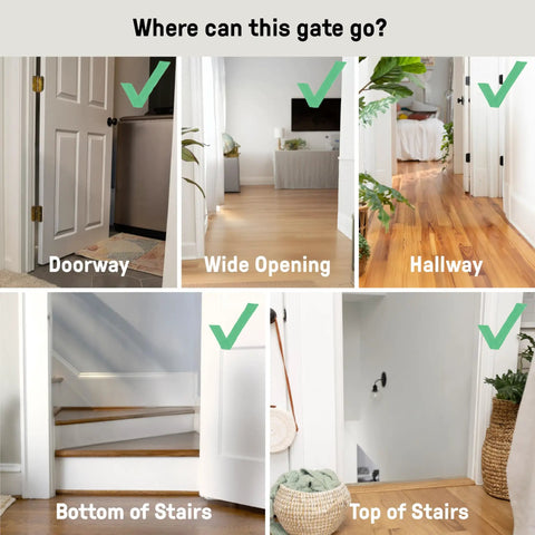 Extra Tall Baby And Pet Gate For Stairs And Doorways No Drill Pressure Mounted Fits Openings From 28.5 To 48 Inches 36 Inch Height Install showcasing possible installation areas such as doorway, hallway, top and bottom of stairs.