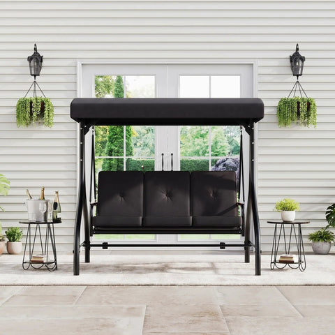Front view of black Three-Seat Outdoor Porch Swing With Adjustable Canopy For Sun Protection, Sturdy 800 Lb Frame.