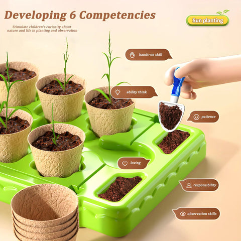 Child's hand planting in Kids Plant Growing Kit With Greenhouse And Grow Light Drip Irrigation System For Indoor Garden STEM Education Toy
