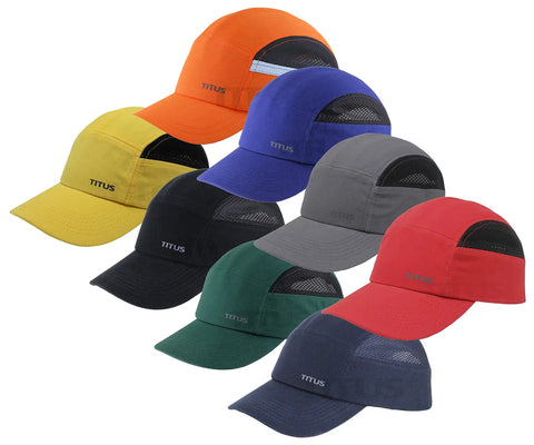 Various colored baseball style protective hats with vents, including Go To Lightweight Safety Bump Cap Baseball Style Protective Hat Navy Blue.
