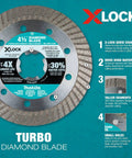 X-Lock 4 And A Half Inch Turbo Rim Diamond Blade For Masonry Cutting, 2 Pack, showcasing features and specifications.