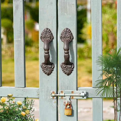 Vintage Cast Iron Door Handle Set 2 Pack Built Tough For Farmhouse Style Cabinet Pulls And Sliding Doors Fence Gates Cupboards Durable Antique Brown Finish on garden gate