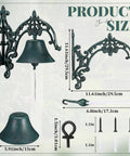 Badass Heavy Duty Cast Iron Outdoor Wall Bell With Slick Vintage Rustic Patina Top Shelf Door Chime For Front Porch Garden Patio Entryway Includes Mounting Screws And Anchors size details with measurements of bell and mount.