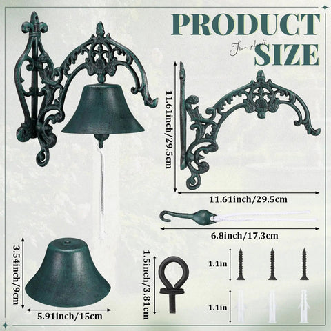 Badass Heavy Duty Cast Iron Outdoor Wall Bell With Slick Vintage Rustic Patina Top Shelf Door Chime For Front Porch Garden Patio Entryway Includes Mounting Screws And Anchors size details with measurements of bell and mount.