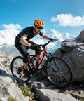 Cyclist riding 26 Inch Mountain Bike With Dual Suspension For Men Women And Adults on rocky mountain terrain