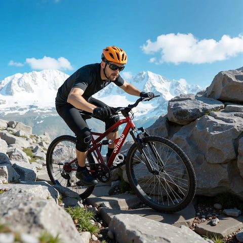 Cyclist riding 26 Inch Mountain Bike With Dual Suspension For Men Women And Adults on rocky mountain terrain
