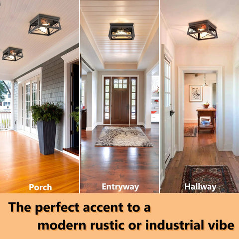 Industrial Square Flush Mount Ceiling Light For Porch Kitchen Hallway And Entry Modern Black Rustic 2 Light Fixture