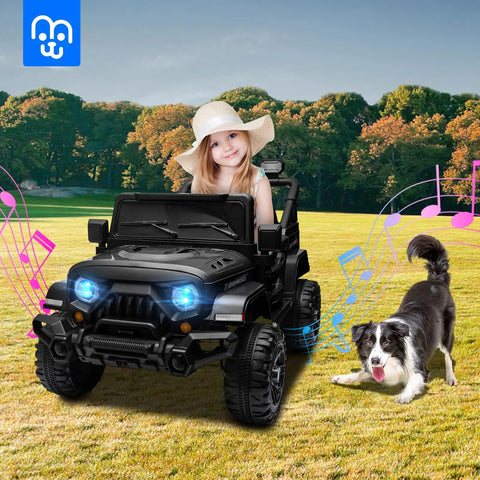Girl drives Awesome 12V Kids Electric Ride On Truck With Remote Control Dual 35W Motors 3.5 MPH Top Speed Bluetooth Music