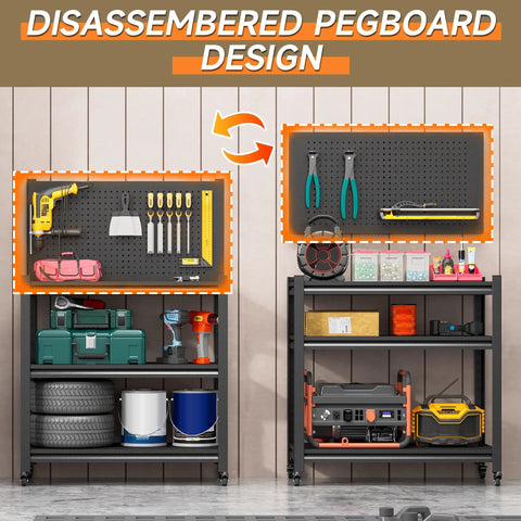 Heavy Duty Steel Workbench With Pegboard On Wheels For Garage And Workshop Built Tough Adjustable Height Tool Table Rugged Metal Work Bench 48 Inch By 34 Inch By 18 Inch Black, showing pegboard tool organization.