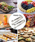 Six Piece Mini Ice Tongs Set 4.25 Inch Stainless Steel Tiny Serving Tongs For Appetizers Sugar Tea Party Coffee Bar Desserts Rustproof Dishwasher Safe Kitchen Utensils shown with various food items.