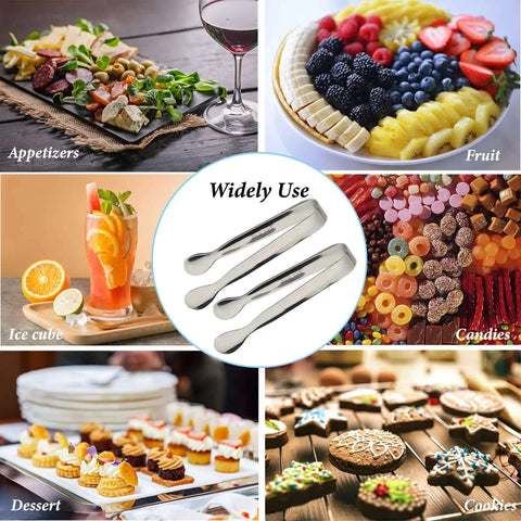 Six Piece Mini Ice Tongs Set 4.25 Inch Stainless Steel Tiny Serving Tongs For Appetizers Sugar Tea Party Coffee Bar Desserts Rustproof Dishwasher Safe Kitchen Utensils shown with various food items.