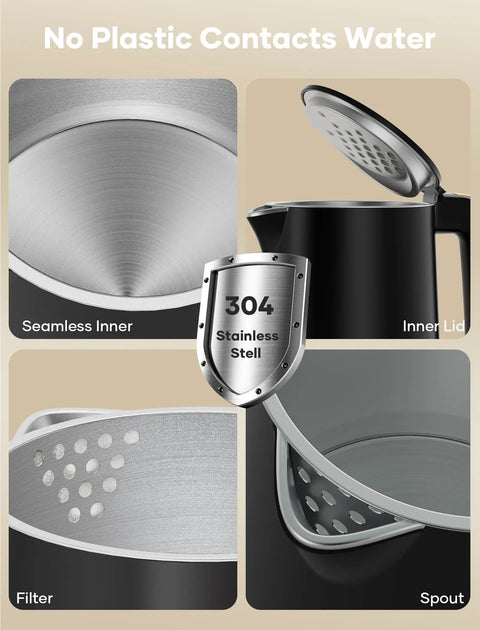 Collage showing the Tiny But Mighty 0.8L Electric Kettle With 1000W Fast Boil, double wall stainless, cool touch handle, BPA free.