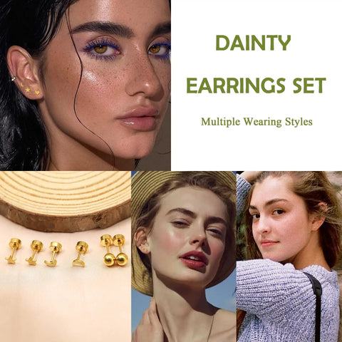 Gold Flat Back Stud Earrings Set With 9 Pairs Screw Back Minimalist Everyday Vibe Cartilage Jewelry For Women And Men Hypoallergenic Tiny Studs In Star Heart Moon Ball Disc Designs 3mm 4mm 5mm Sleeper Earring Set, gold flat-back studs worn in multiple ear styles
