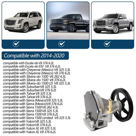 B.ZSSY 904-861 vacuum pump with black pulley and gray metal body, shown with 2014-2020 GM SUV compatibility list