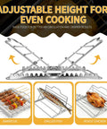 Adjustable stainless steel roasting rack demonstrating height settings with images of barbecue, grilled fish, and roast chicken.