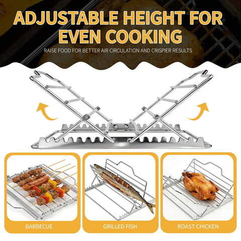 Adjustable stainless steel roasting rack demonstrating height settings with images of barbecue, grilled fish, and roast chicken.