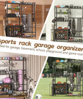 Garage Sports Equipment Organizer With Beefy Heavy Duty Ball Holder, Golf Bag Storage Rack, shown in various settings.