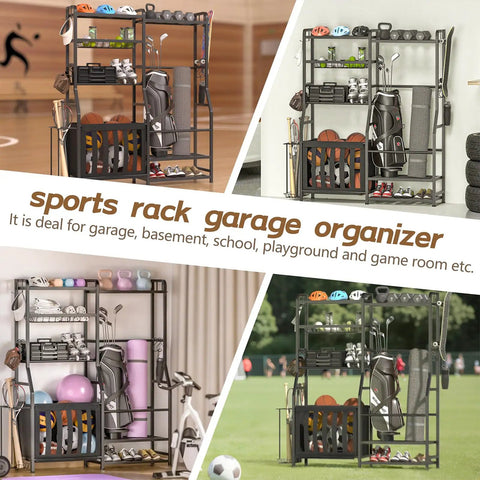 Garage Sports Equipment Organizer With Beefy Heavy Duty Ball Holder, Golf Bag Storage Rack, shown in various settings.