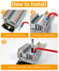Installation guide for One Hundred Pcs Pt2.5 Push In Din Rail Terminal Blocks, showing wire prep and plug-in steps.
