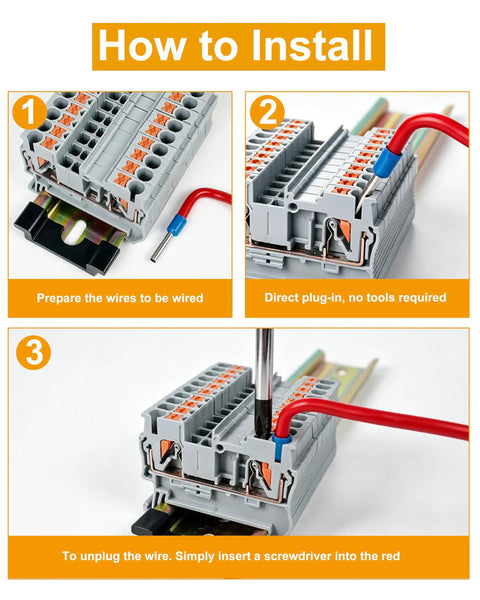 Installation guide for One Hundred Pcs Pt2.5 Push In Din Rail Terminal Blocks, showing wire prep and plug-in steps.